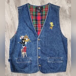 Vintage Warner Bros Denim Vest Sylvester And Tweety Bird 90s Size M